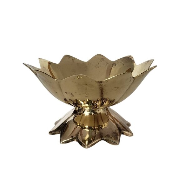 Vtg 1984 Solid Brass Lotus Flower Footed Pedestal Trinket Dish Tea Light Holder - Picture 6 of 7